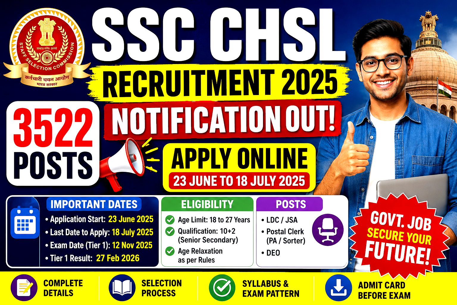 SSC CHSL Recruitment 2025 Notification: Apply online for 3522 Posts