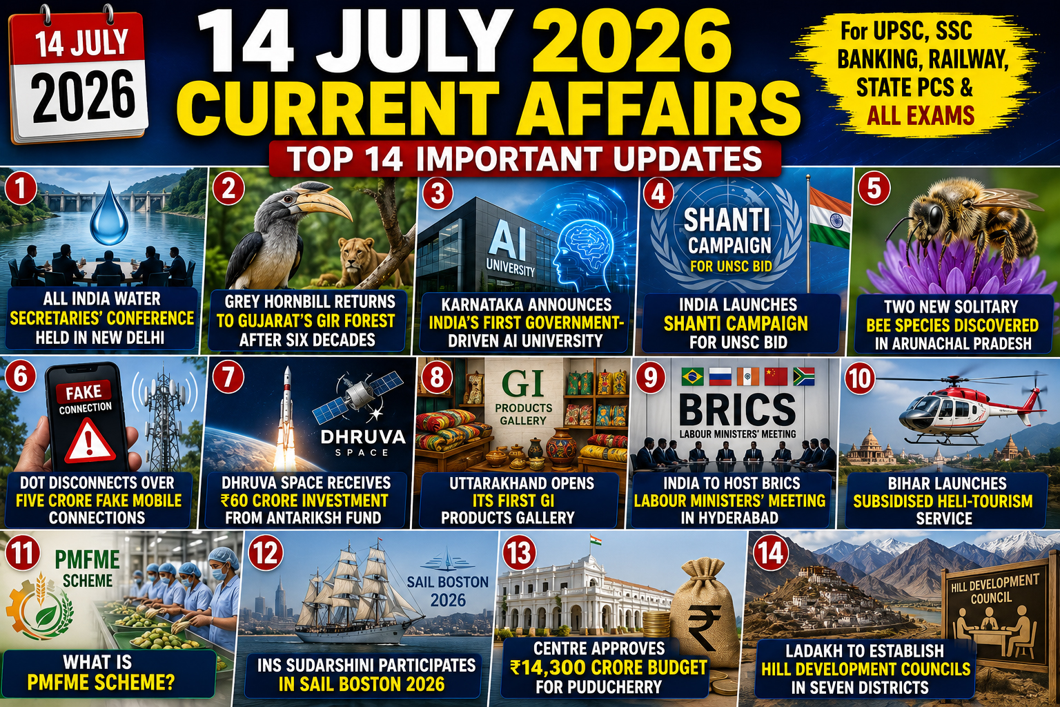 14 July 2026 Current Affairs | Water Conference, Grey Hornbill, Dhruva Space & Puducherry Budget